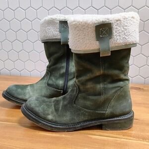 Green Suede Boots with White Fleece Lining